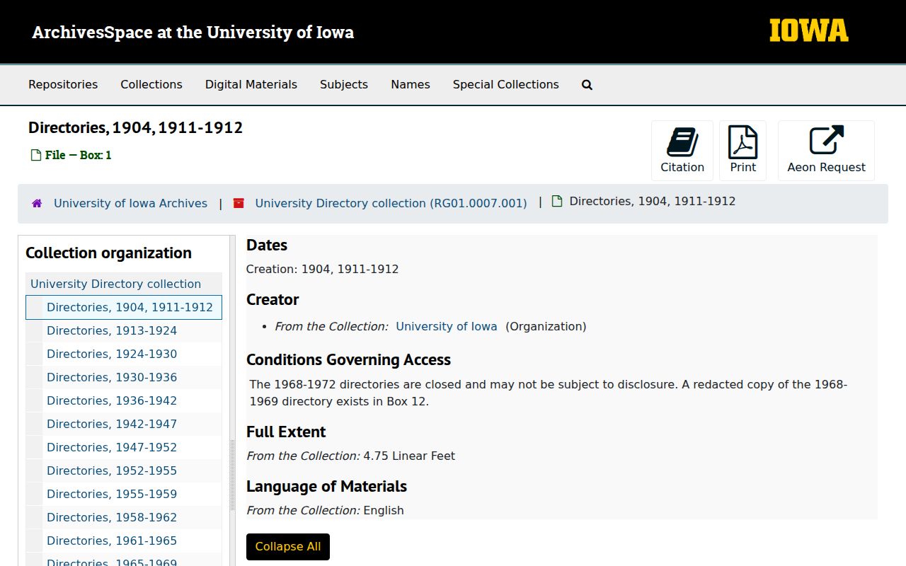 University of Iowa Archives directory collection catalog