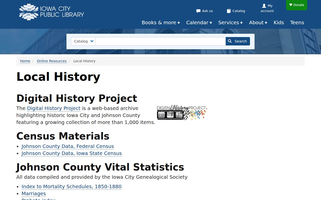 Iowa City Public Library local history resources for past residents