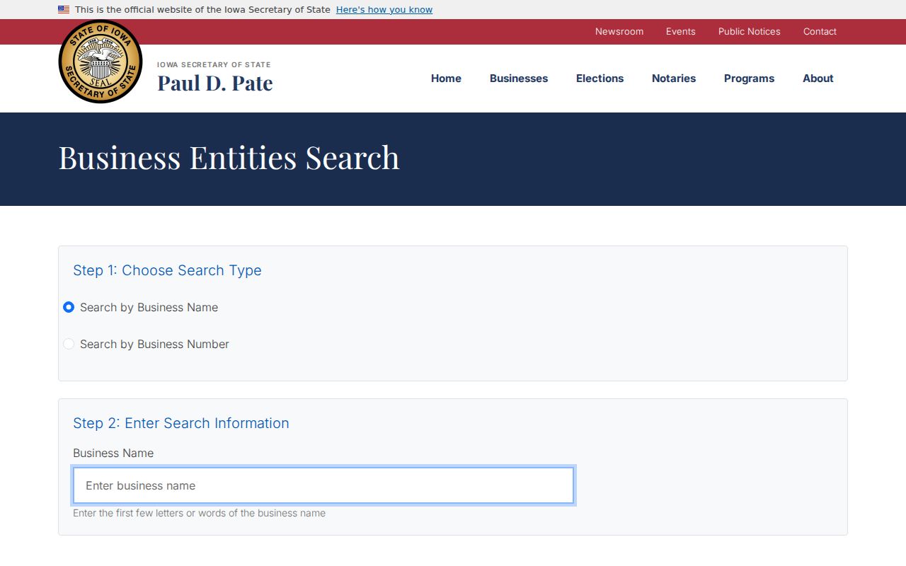 Iowa Secretary of State business entity name search